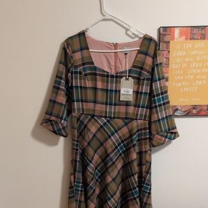 Banned Olive Green Pink Plaid Dress Size L P2P: 19in Shoul2hem:47in Waist 17in